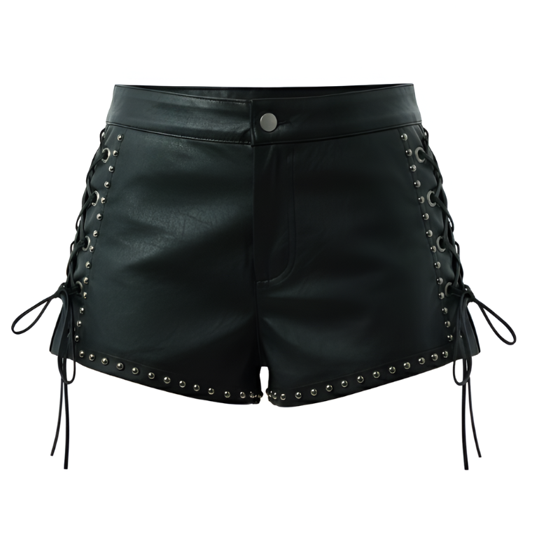 Women's Mini Studded Lace Up Leather Shorts – women's cargo pants front view