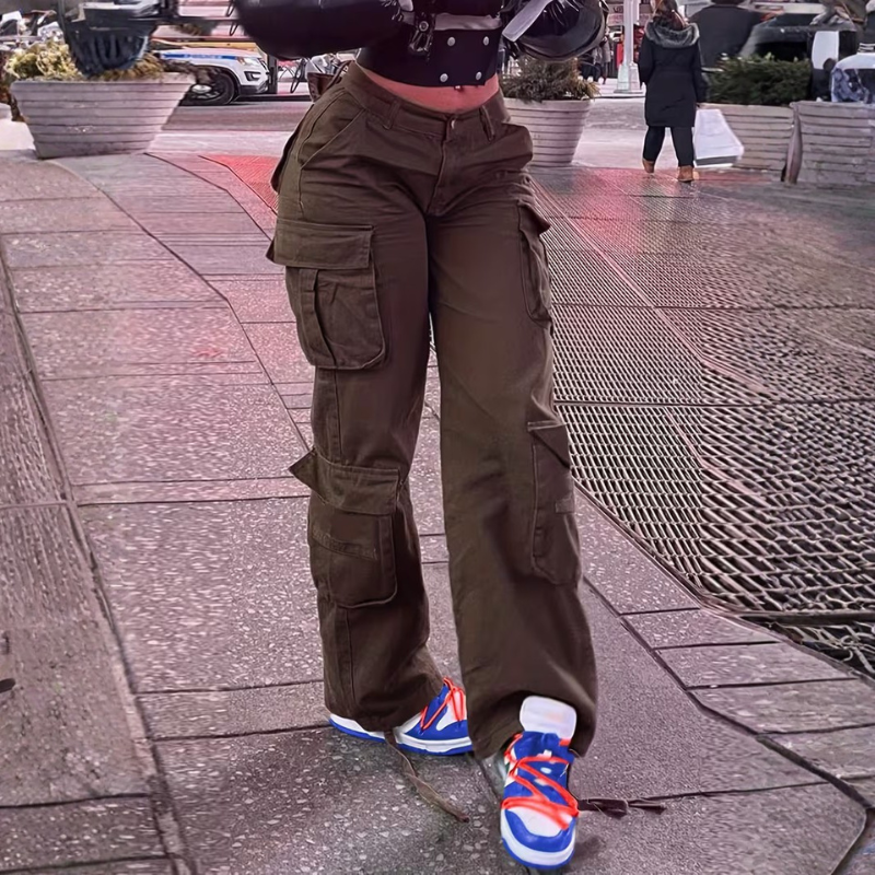 High Rise Cargo Pants With Multiple Pockets And Loose Fit