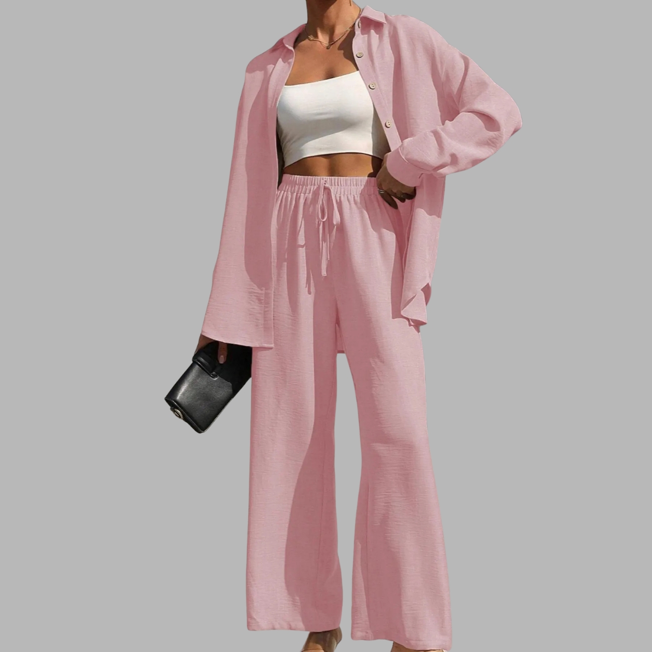 Two Piece Set With Solid Button Front Shirt And Tie Front Wide Pants For Women