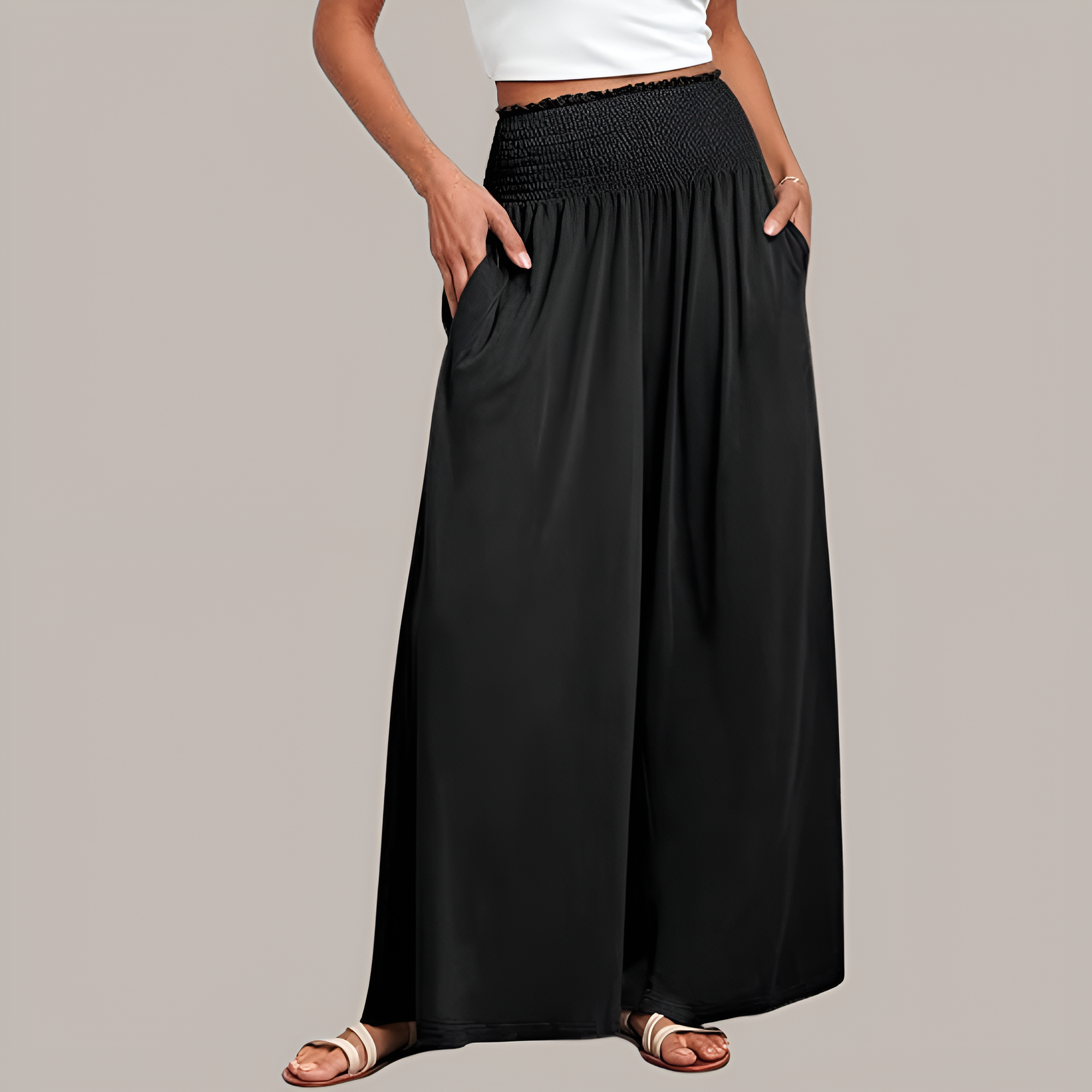 Summer Boho Palazzo Pants With Baggy Fit And Loose Lounge Design For Women – side profile view