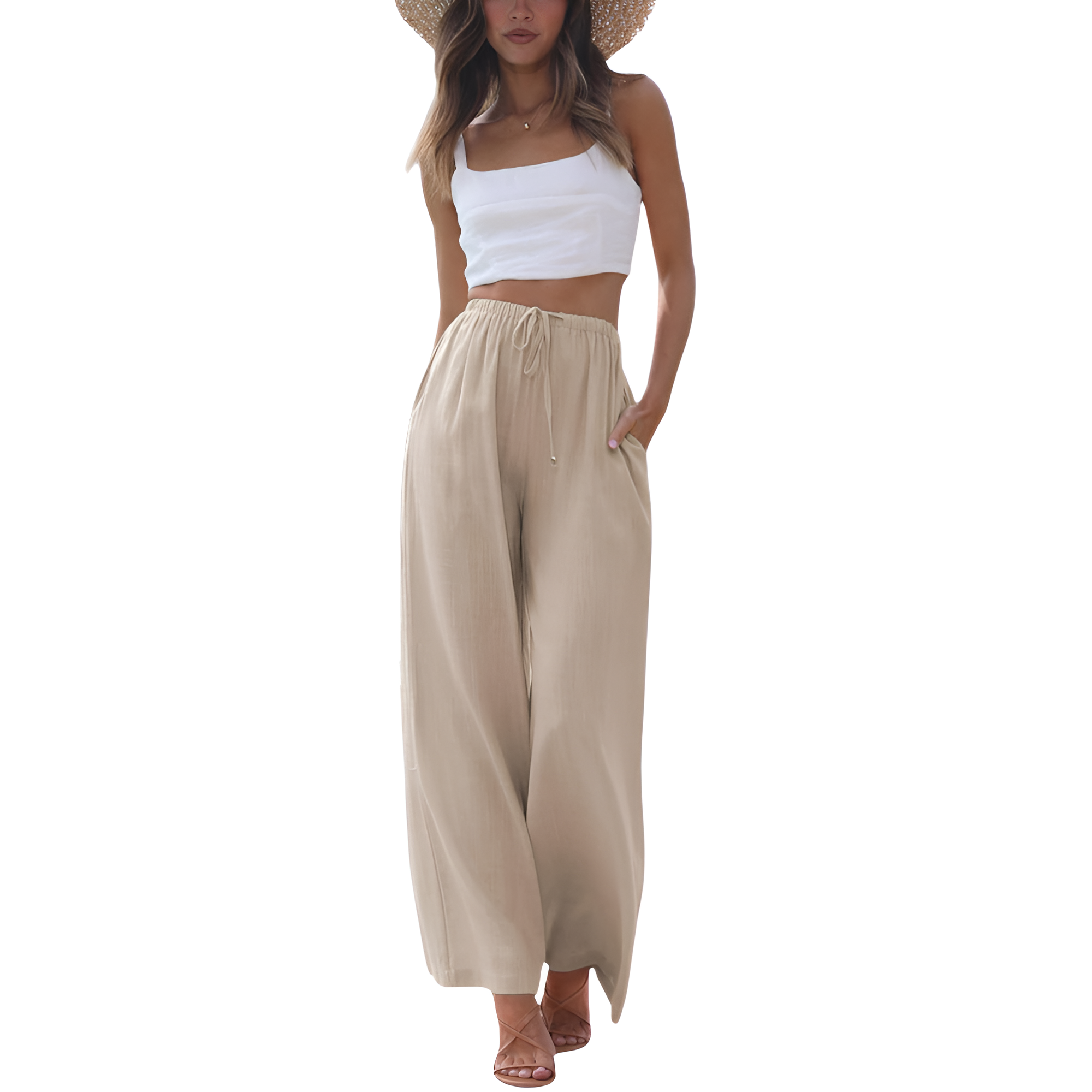 Flowy Summer Wide Fit Beach Palazzo Pants With Pockets For Women – women's cargo pants front view