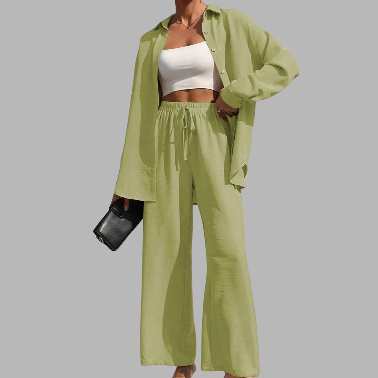 Two Piece Set With Solid Button Front Shirt And Tie Front Wide Pants For Women