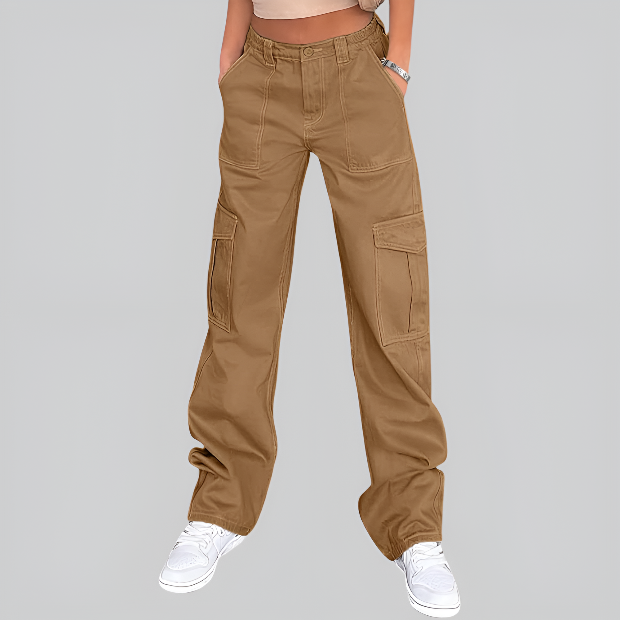 High Rise Casual Baggy And Stretchy Wide Fit Cargo Pants For Women  – waistband detail