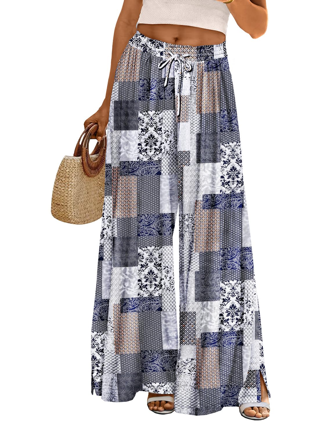 Casual Wide Flowy Beach Pants With Drawstring For Women