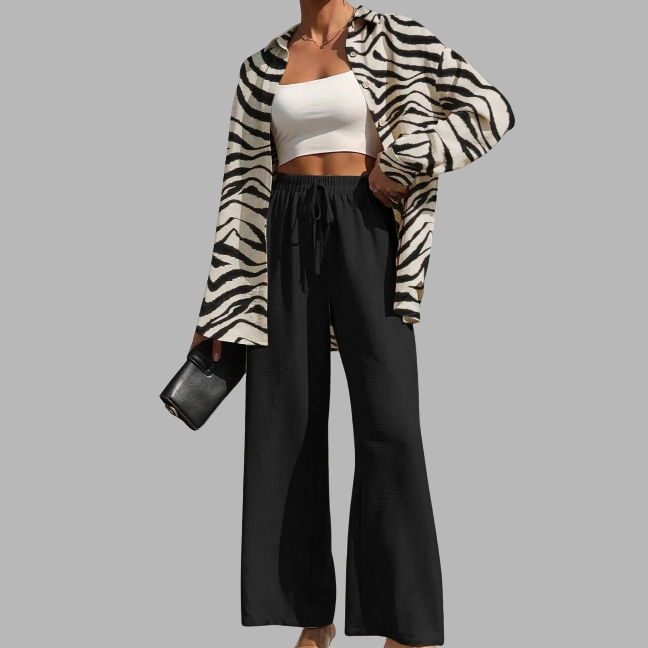 Two Piece Set With Solid Button Front Shirt And Tie Front Wide Pants For Women
