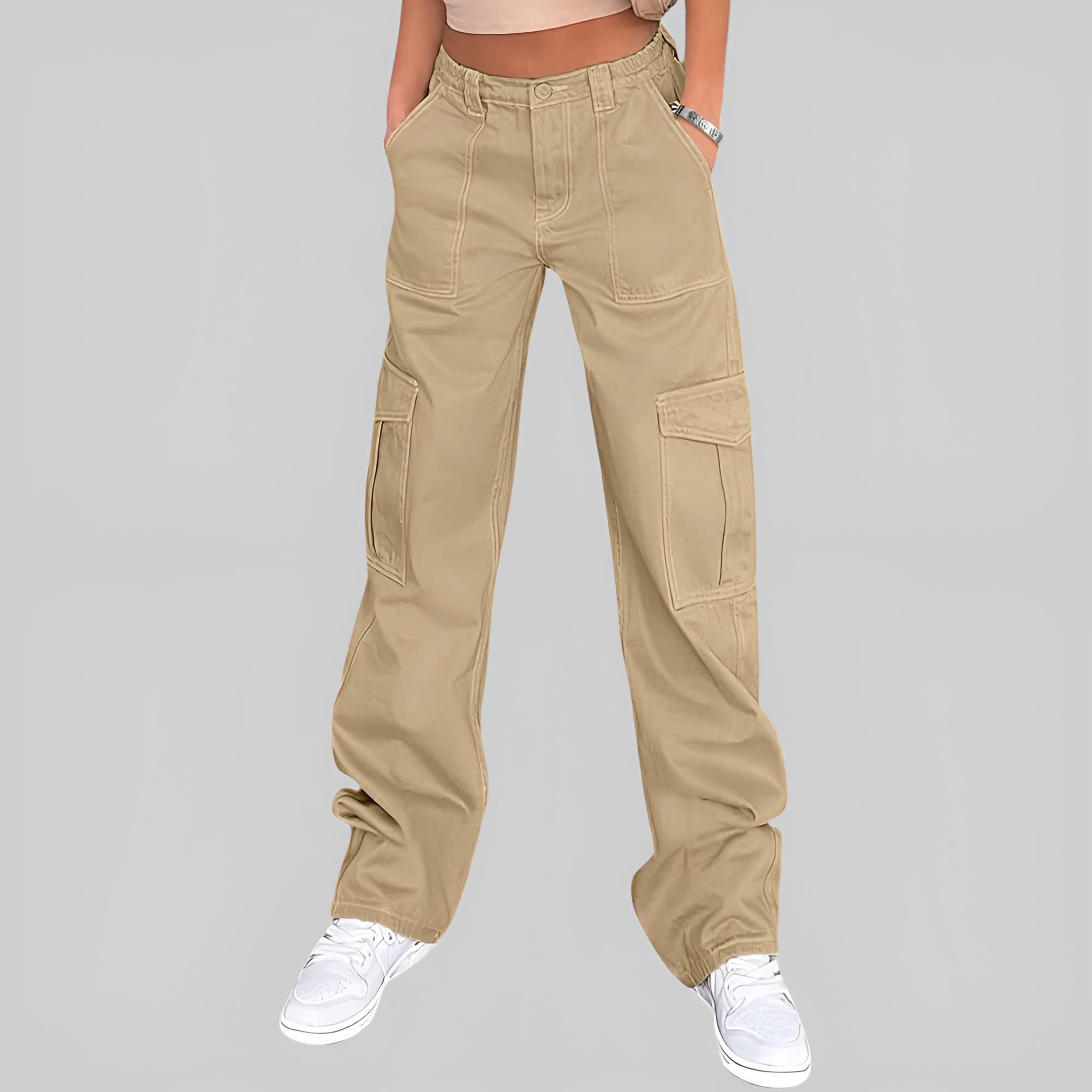High Rise Casual Baggy And Stretchy Wide Fit Cargo Pants For Women  – lifestyle view 12