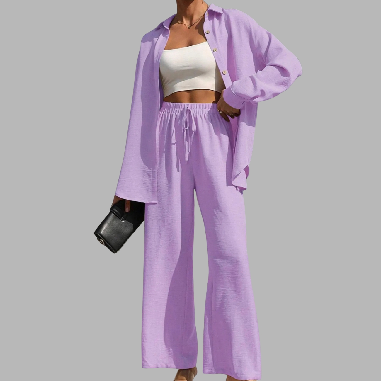 Two Piece Set With Solid Button Front Shirt And Tie Front Wide Pants For Women