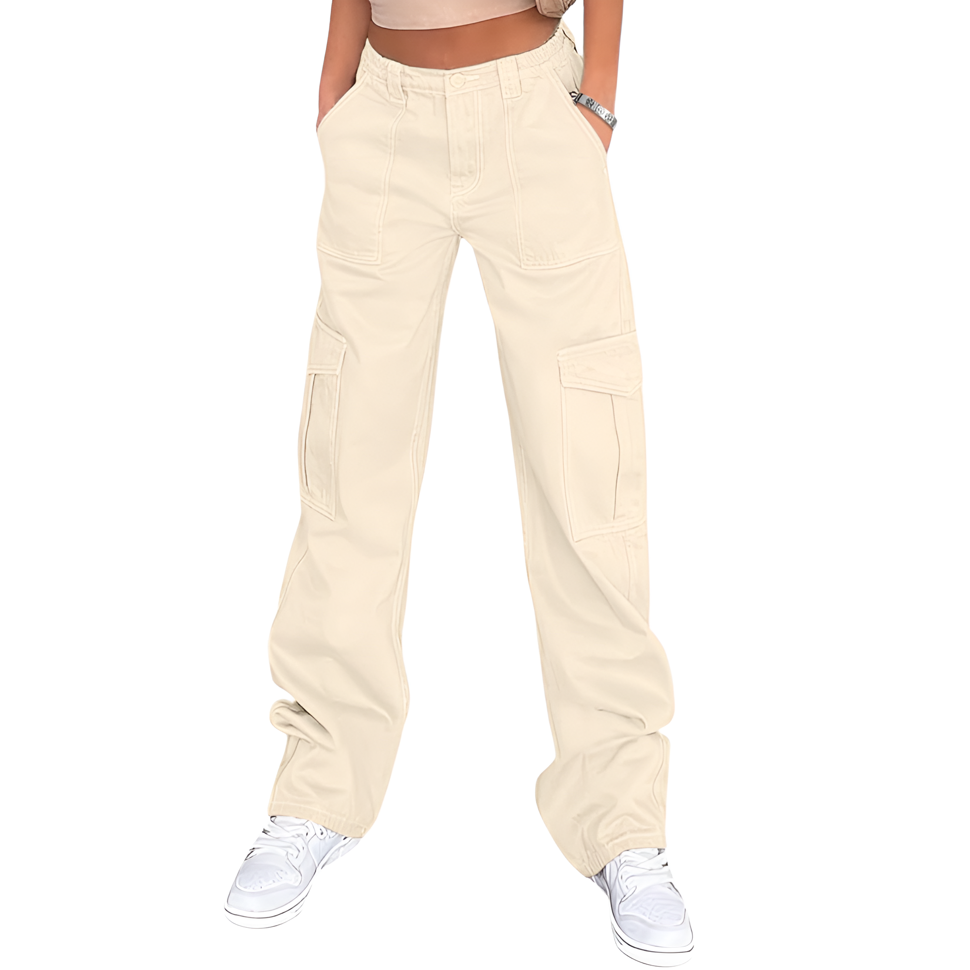 High Rise Casual Baggy And Stretchy Wide Fit Cargo Pants For Women  – fabric detail close-up