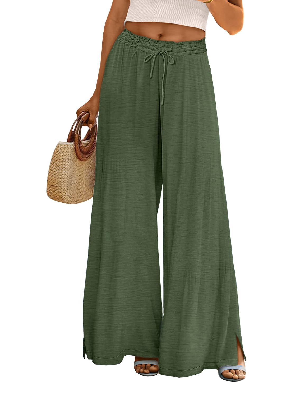 Casual Wide Flowy Beach Pants With Drawstring For Women