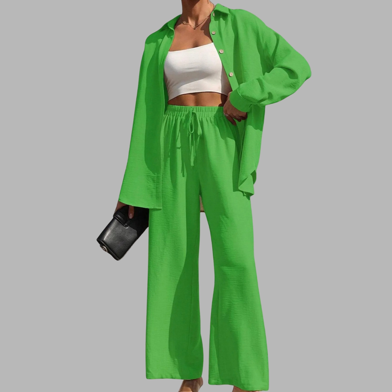 Two Piece Set With Solid Button Front Shirt And Tie Front Wide Pants For Women