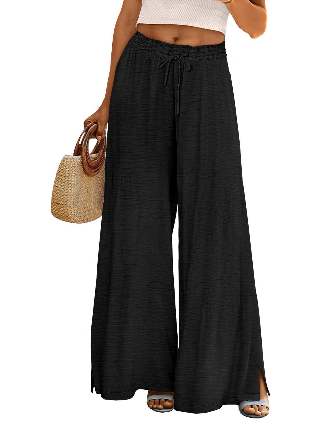 Casual Wide Flowy Beach Pants With Drawstring For Women