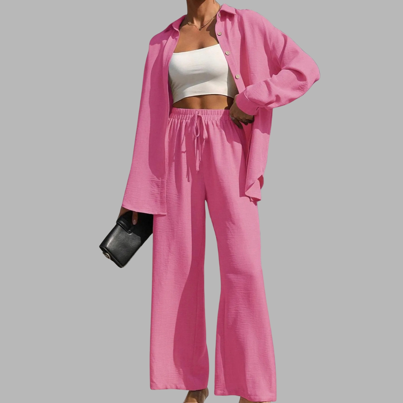 Two Piece Set With Solid Button Front Shirt And Tie Front Wide Pants For Women