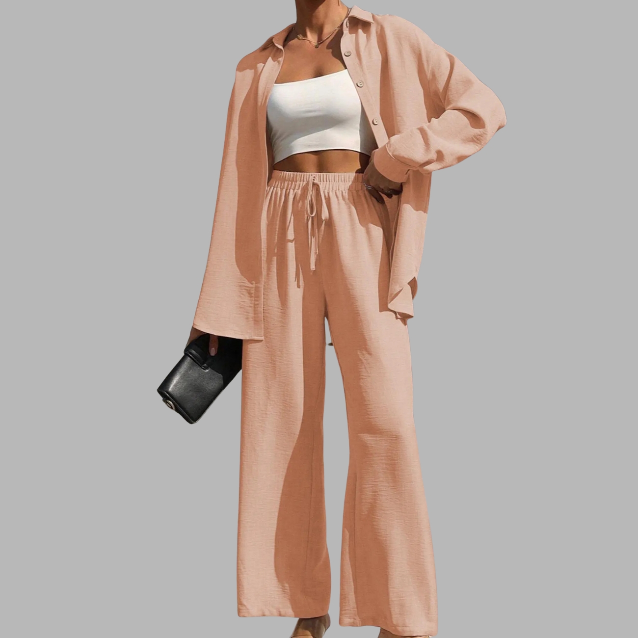 Two Piece Set With Solid Button Front Shirt And Tie Front Wide Pants For Women