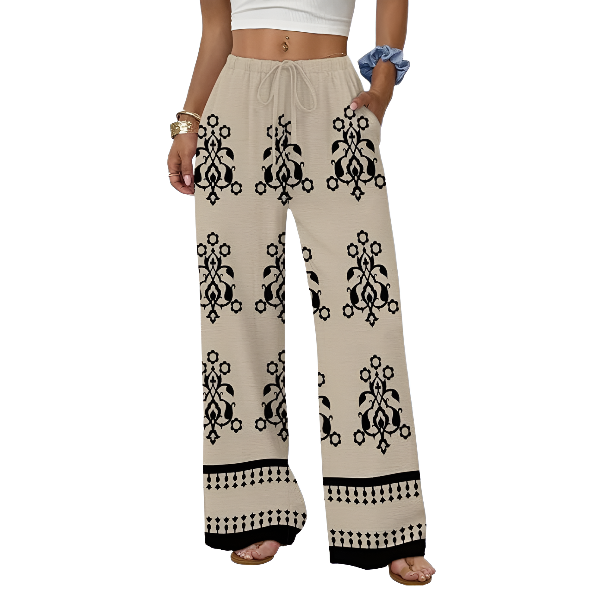 Wide Fit Flowy Palazzo Pants With Pockets For Women  – fabric detail close-up