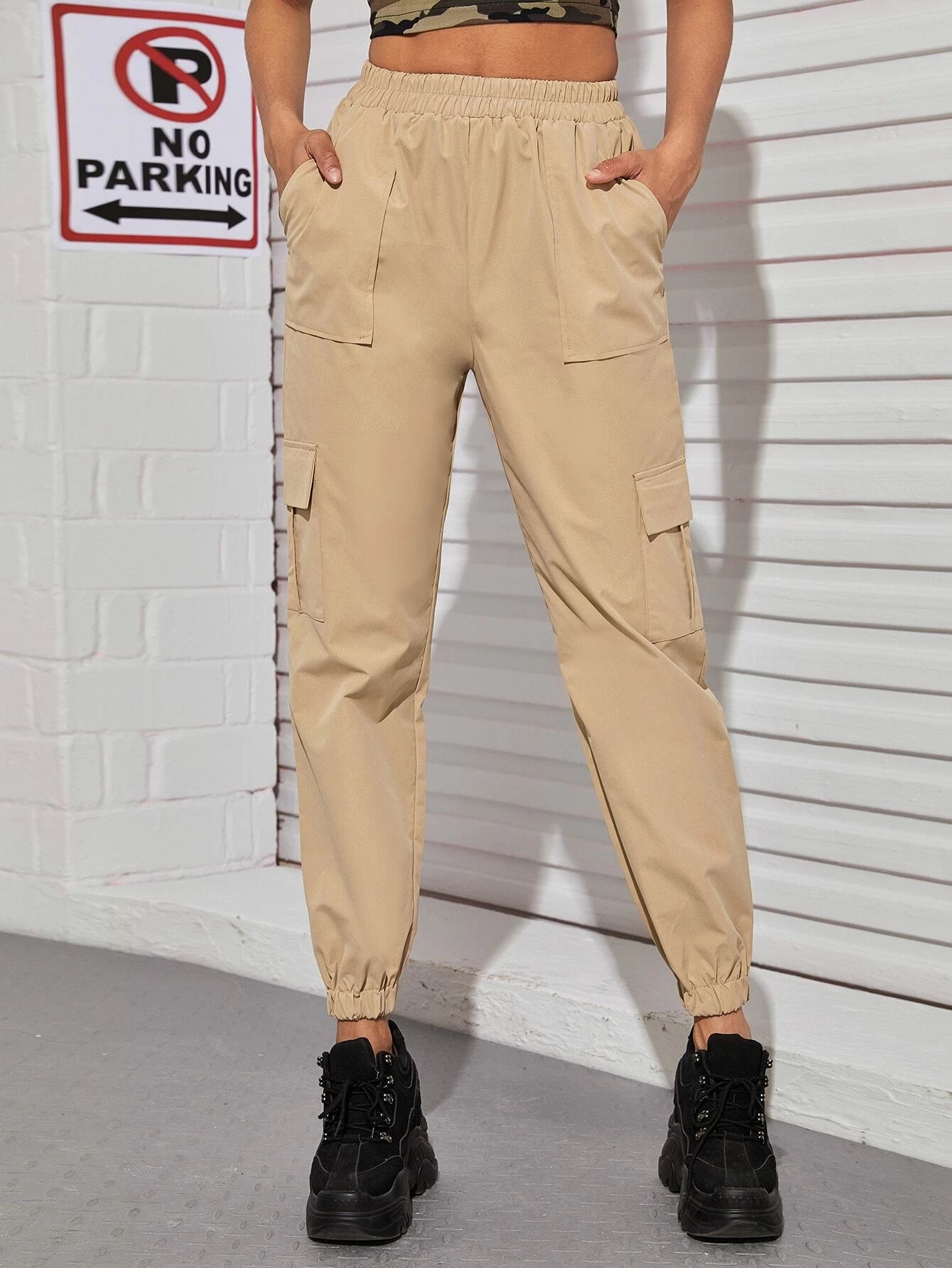 Flap Pocket Side Elastic Waist Cargo Pants – side profile view
