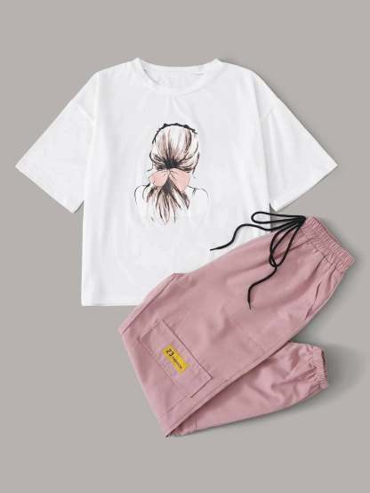 Graphic T-Shirt With Knot Front Cargo Pants