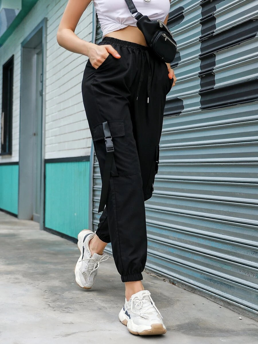 Flap Pocket Buckle Cargo Pants in Black – women's cargo pants front view