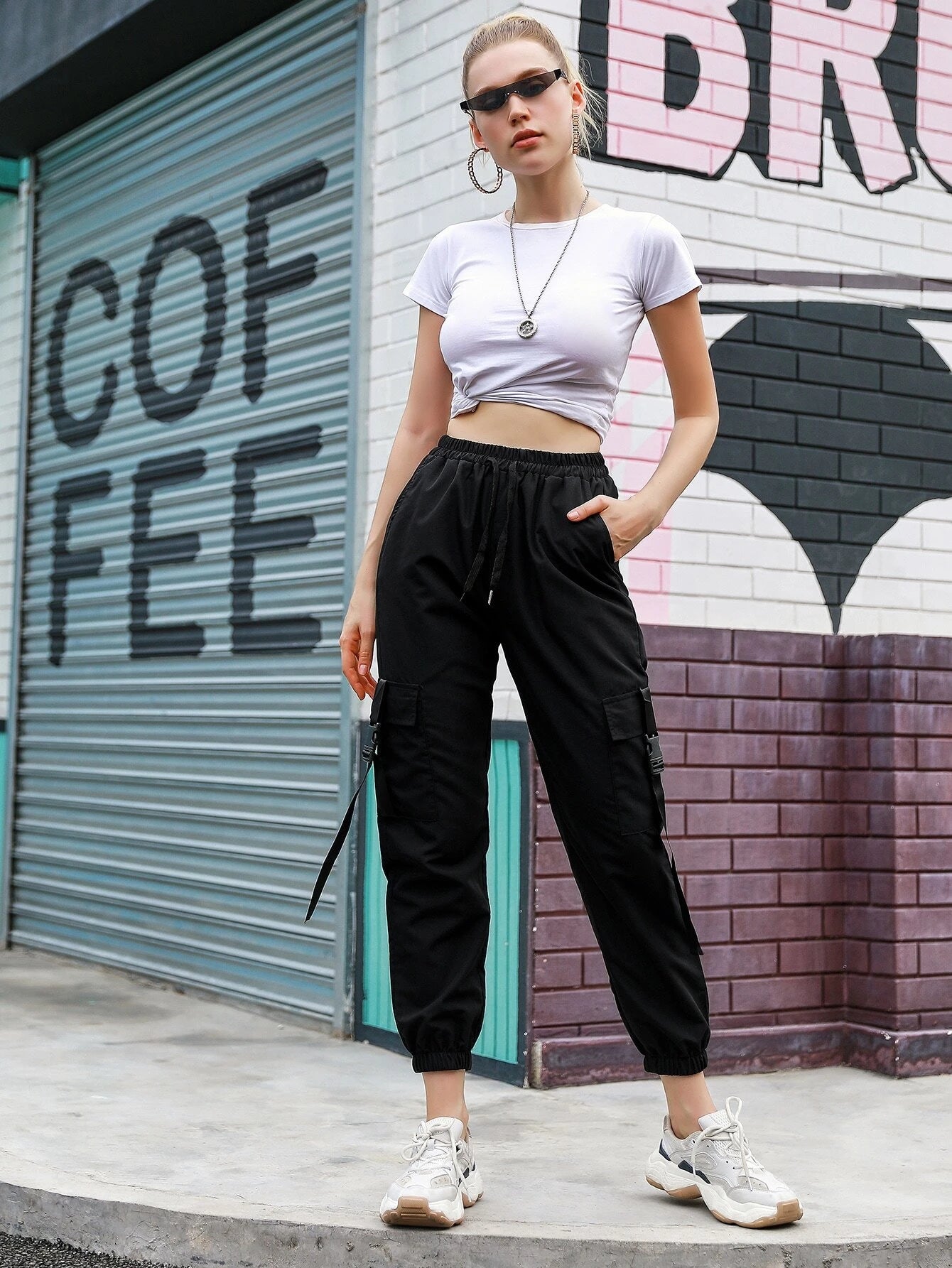 Tape Drawstring Waist Cargo Pants – side profile view