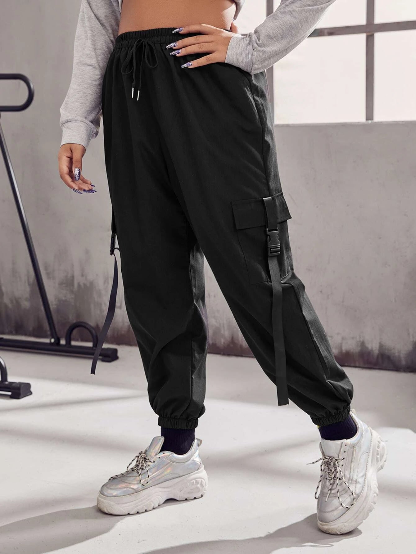 Plus Buckle Tape Flap Pocket Drawstring Waist Cargo Pants – side profile view