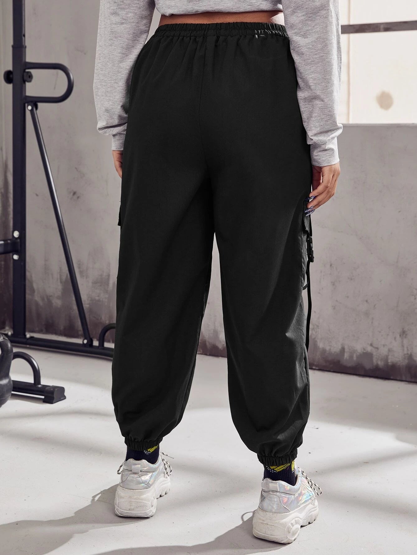 Plus Buckle Tape Flap Pocket Drawstring Waist Cargo Pants – back view detail