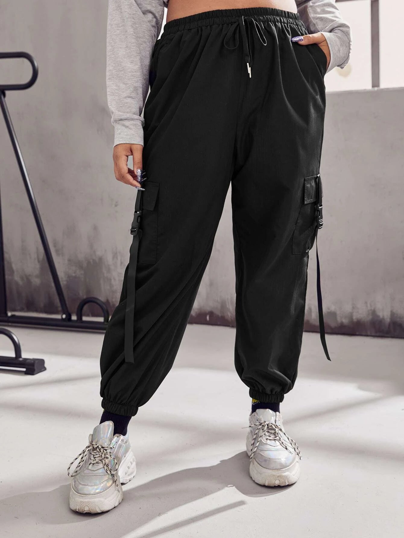 Plus Buckle Tape Flap Pocket Drawstring Waist Cargo Pants – women's cargo pants front view