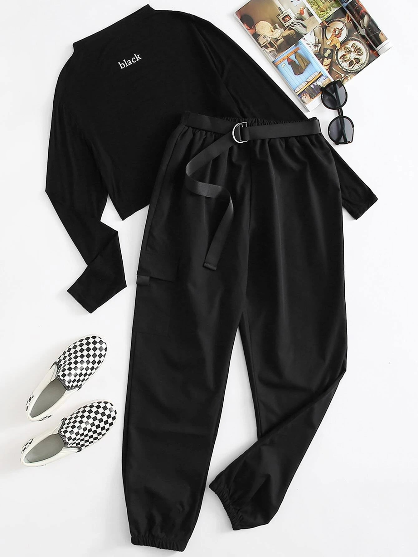 Graphic Print Tee And Belted Cargo Pants – side profile view