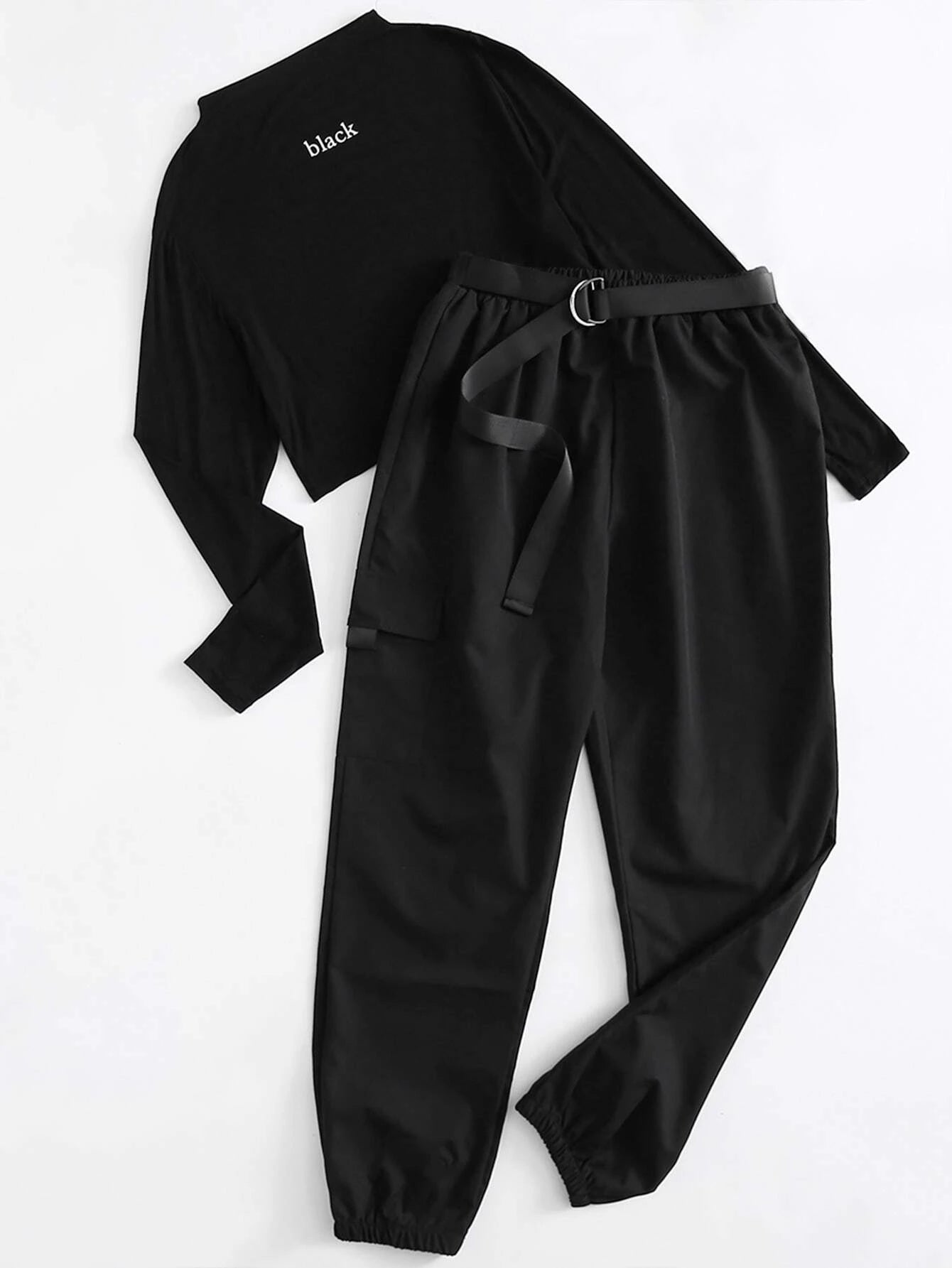 Graphic Print Tee And Belted Cargo Pants – back view detail