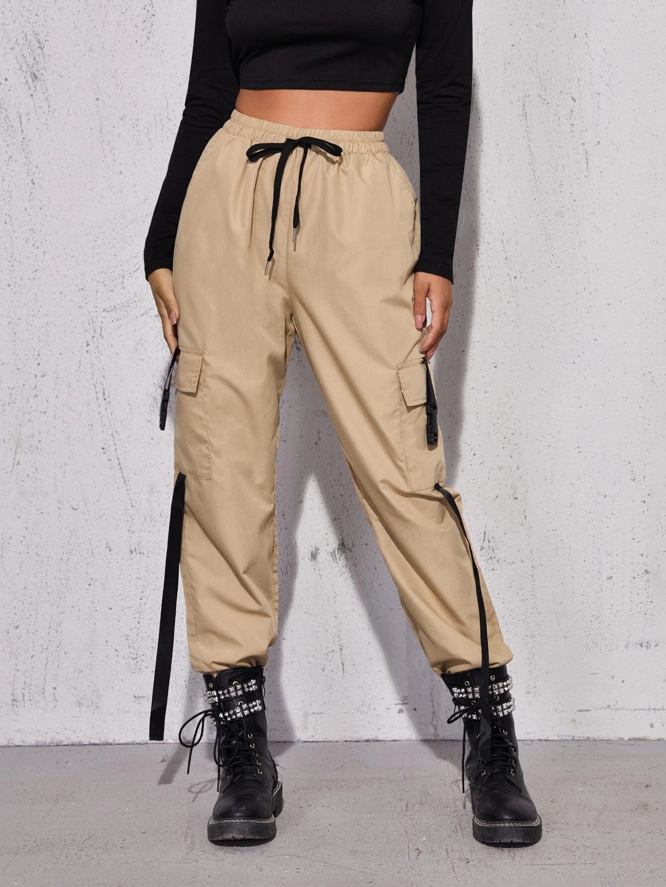 Tape Drawstring Waist Cargo Pants – women's cargo pants front view