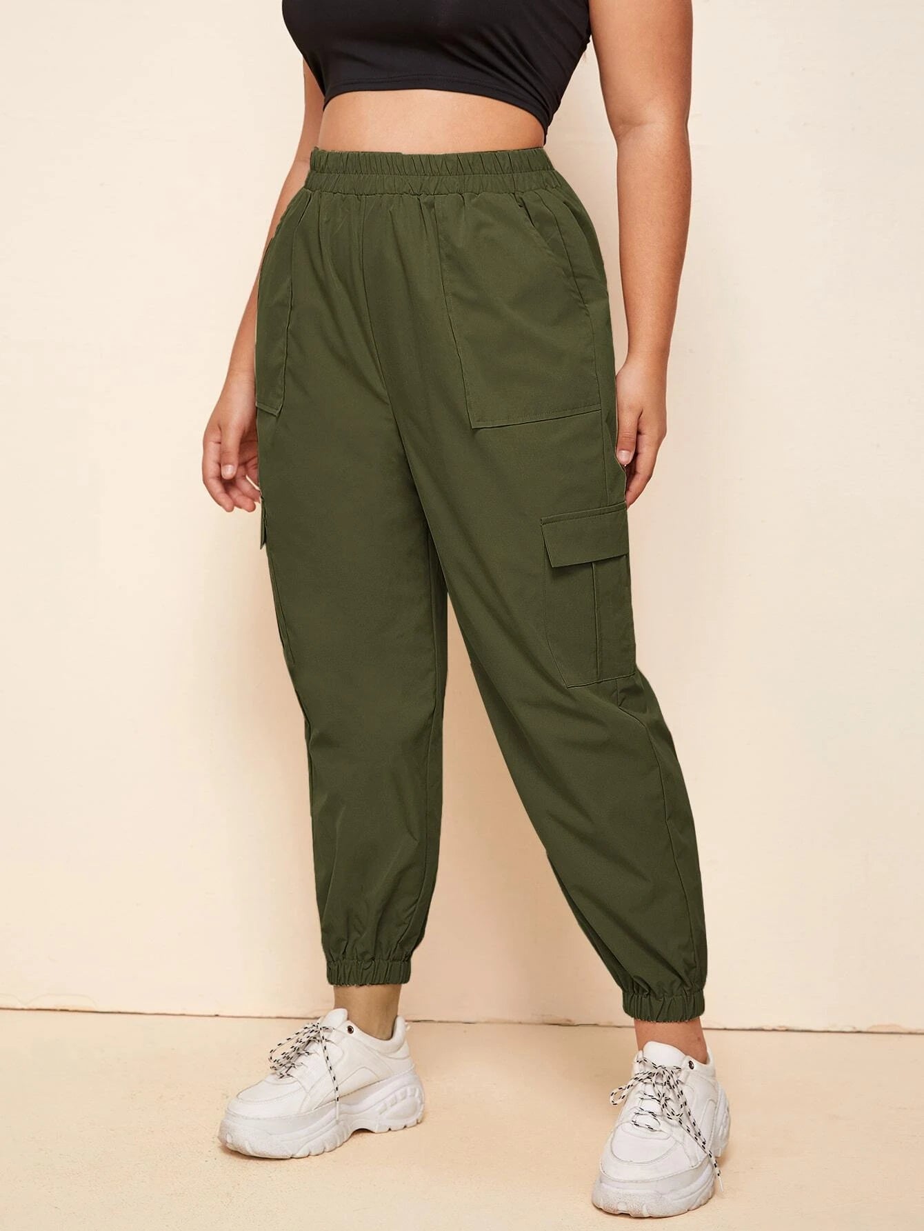 Solid Color Flap Pocket Cargo Pants Style 2 – women's cargo pants front view