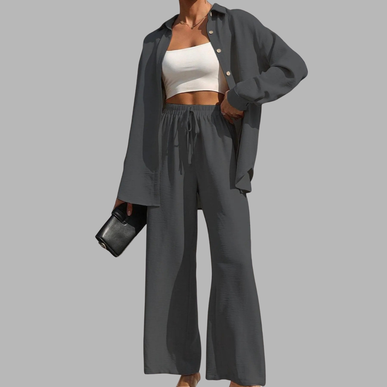 Two Piece Set With Solid Button Front Shirt And Tie Front Wide Pants For Women