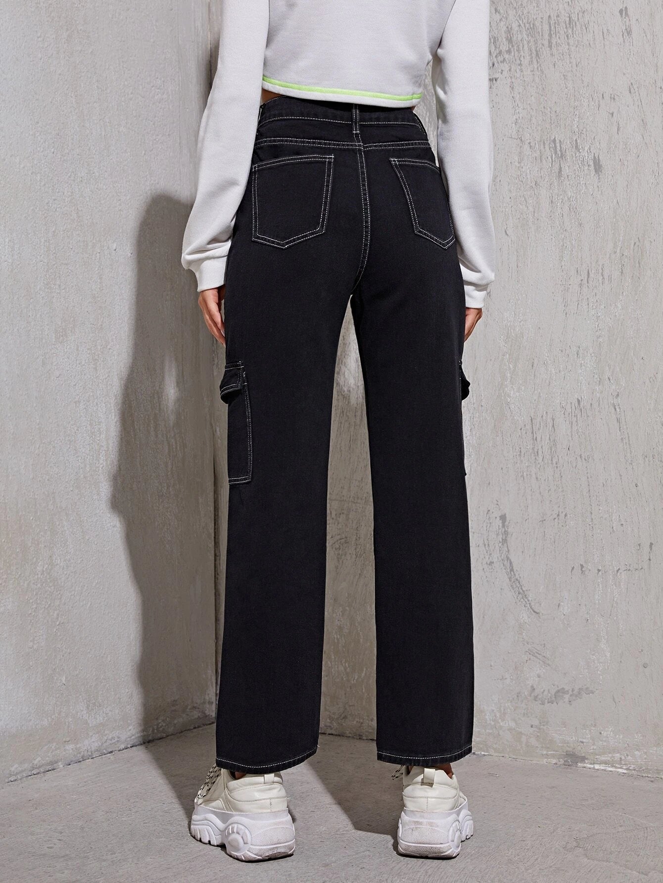 High Flap Pocket Whip Stitch Cargo Jeans – side profile view