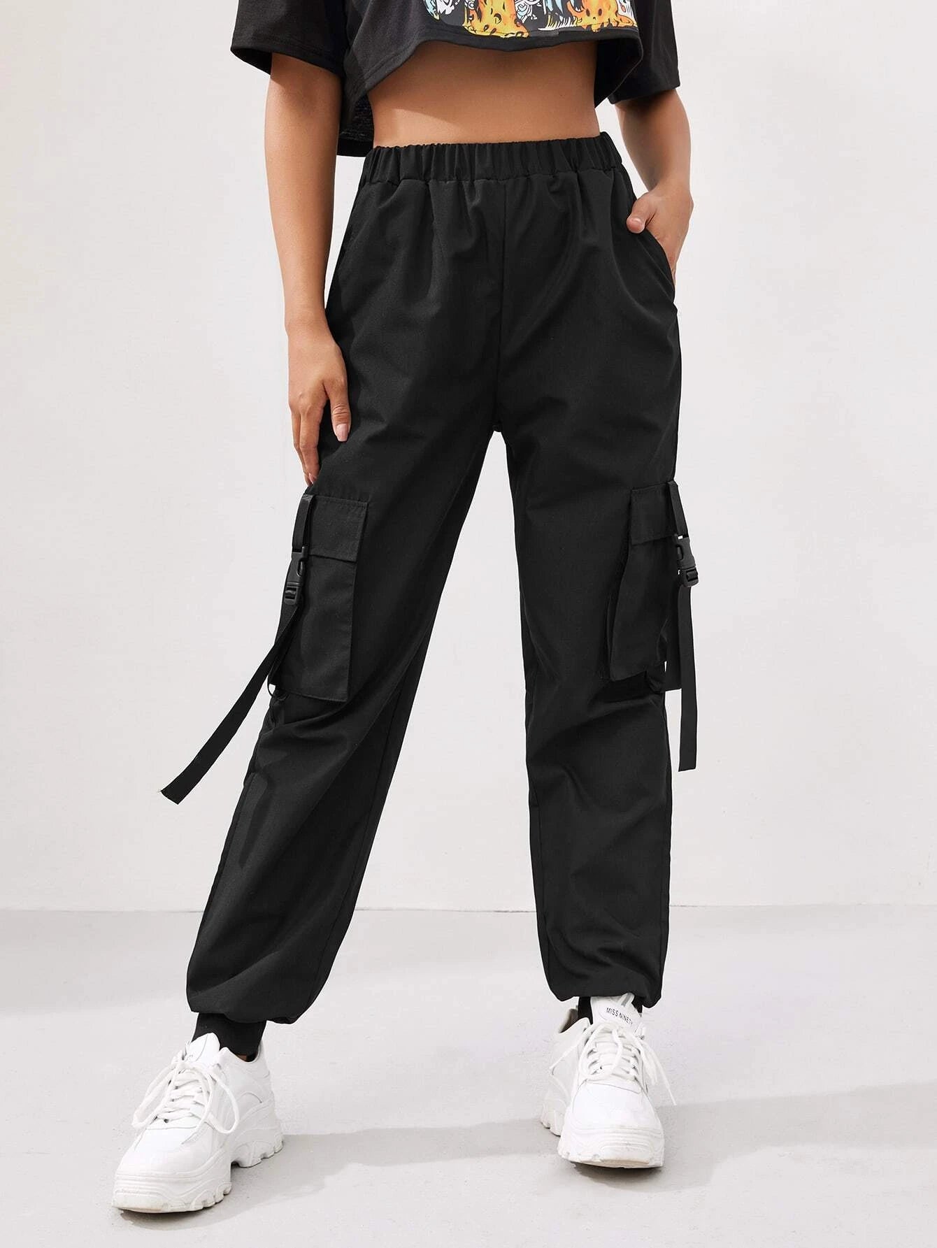 Flap Pocket Solid Color Parachute Cargo Pants – women's cargo pants front view