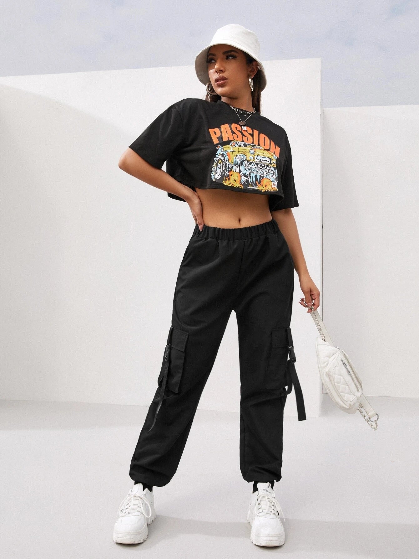 Flap Pocket Solid Color Parachute Cargo Pants – waistband detail