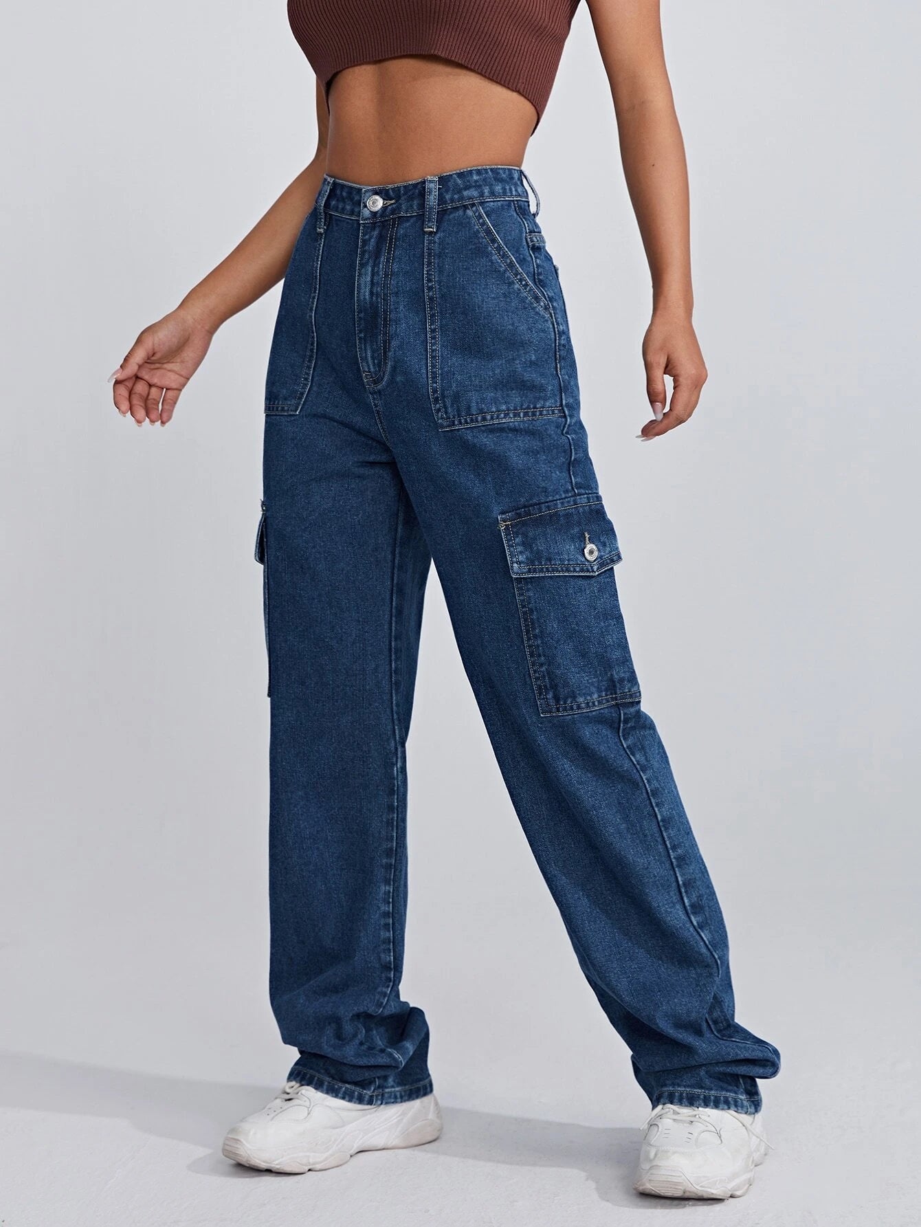 Waist Flap Pocket Side Jeans – women's cargo pants front view