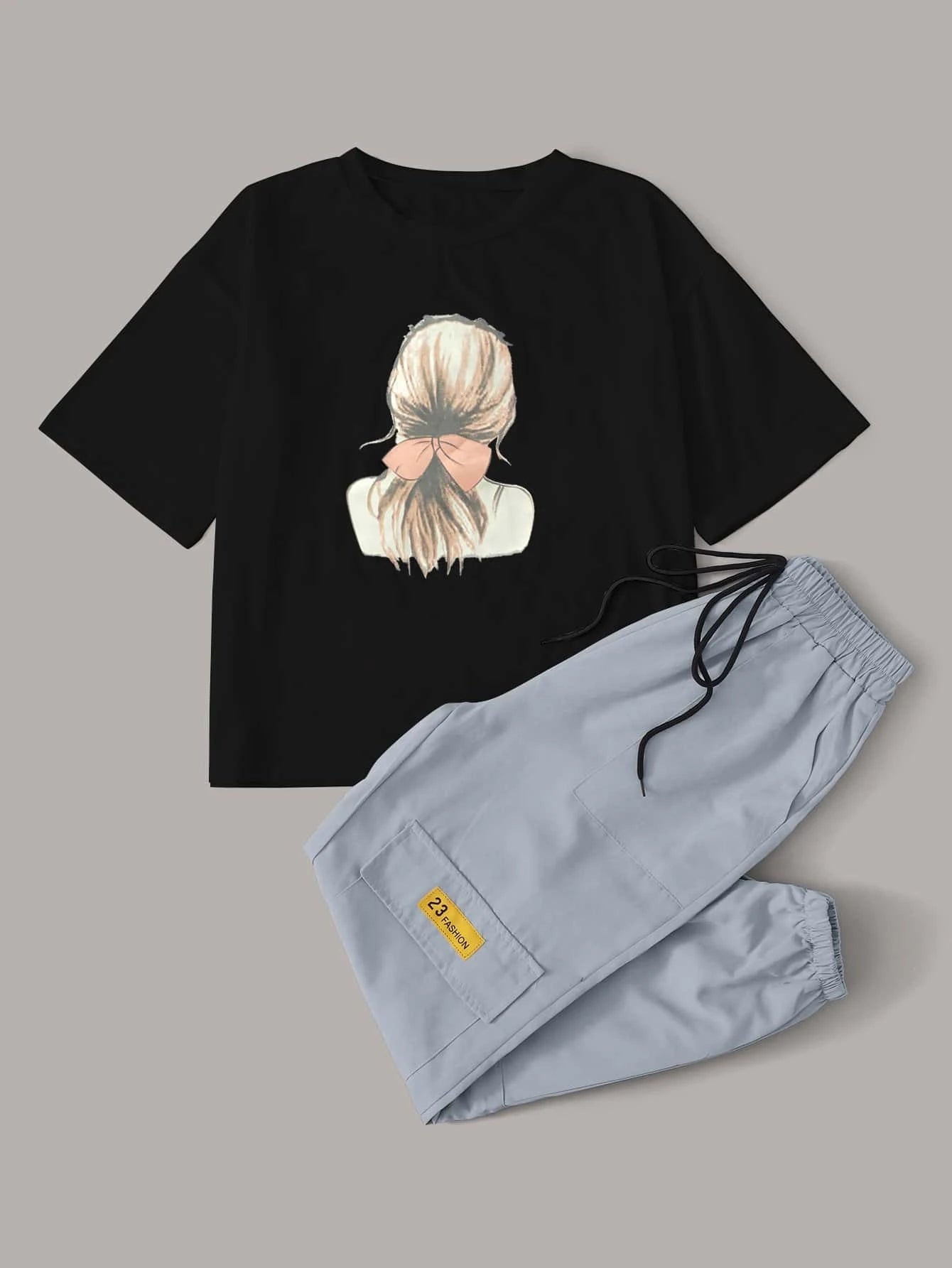 Graphic T-Shirt With Knot Front Cargo Pants
