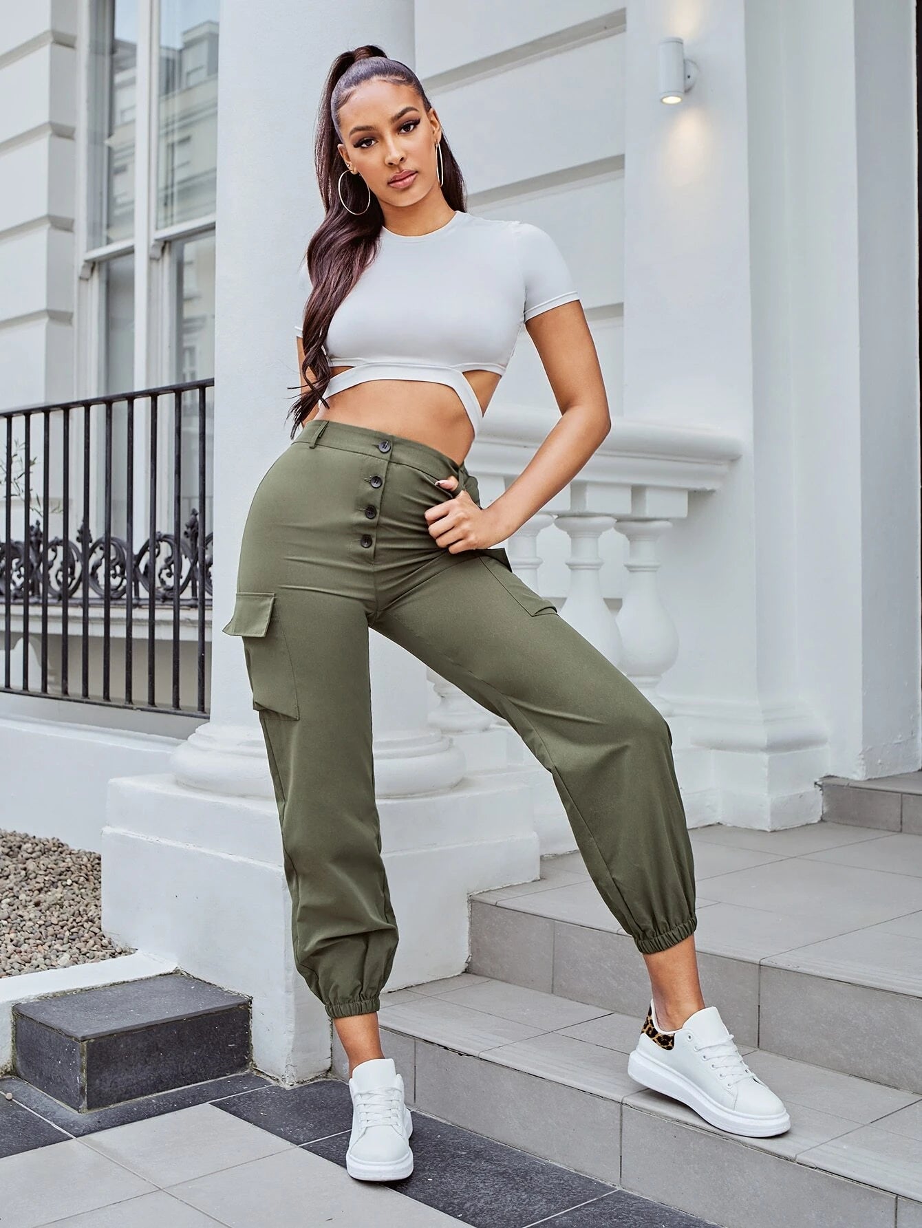 Flap Pocket Button Fly Cargo Pants – pocket detail close-up