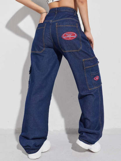Denim High Waist Flap Pocket Wide Leg Jeans