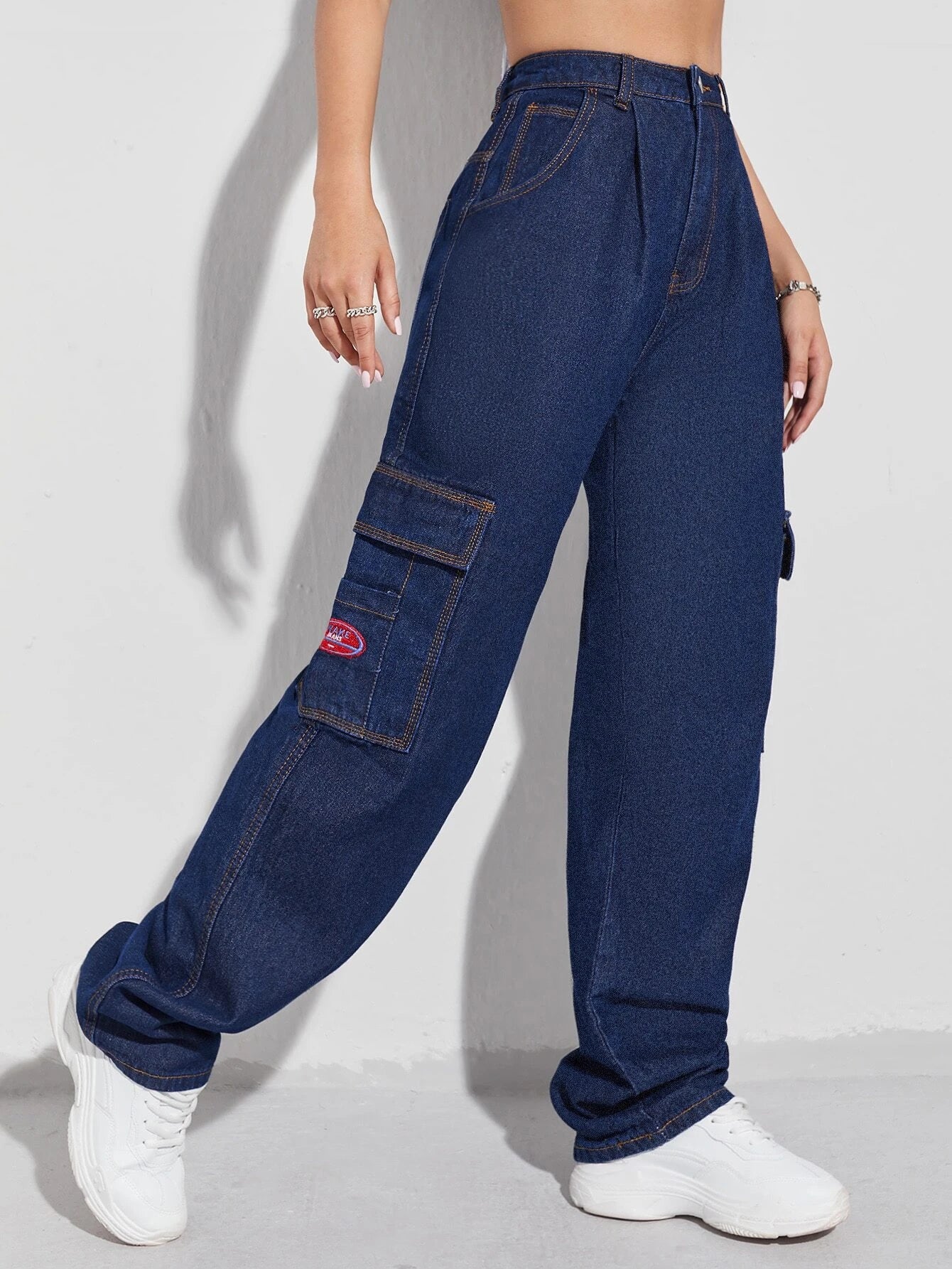 Patched Detail Flap Pocket Wide Leg Jeans – lifestyle view 21