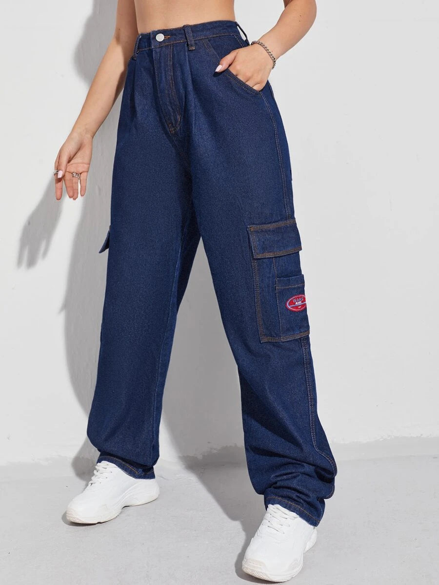 Denim High Waist Flap Pocket Wide Leg Jeans