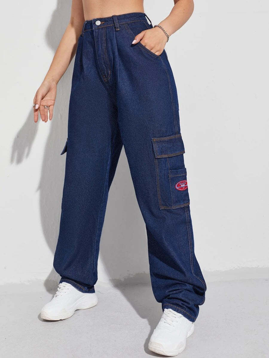 Denim High Waist Flap Pocket Wide Leg Jeans