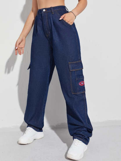 Denim High Waist Flap Pocket Wide Leg Jeans