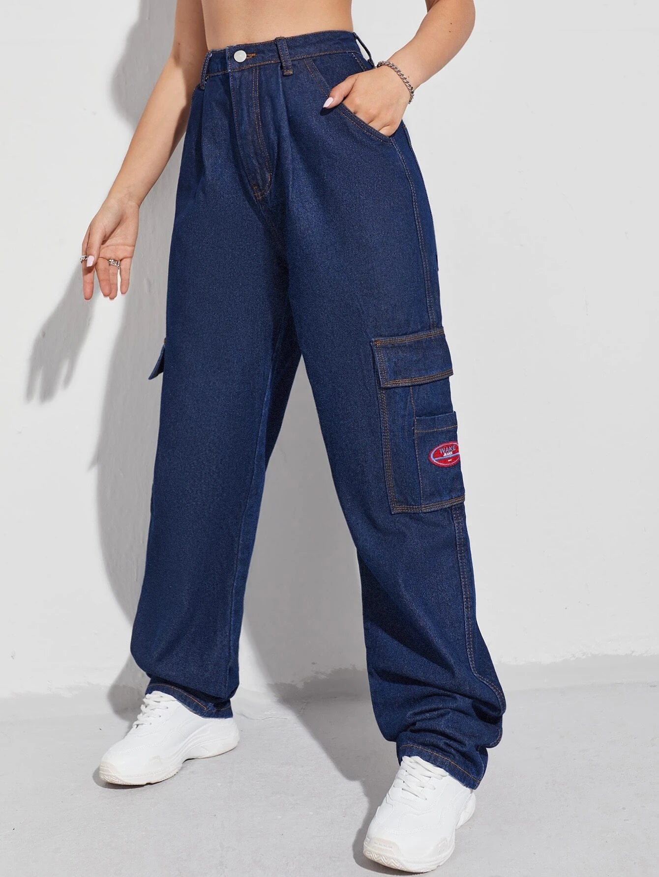 Patched Detail Flap Pocket Wide Leg Jeans – lifestyle view 22