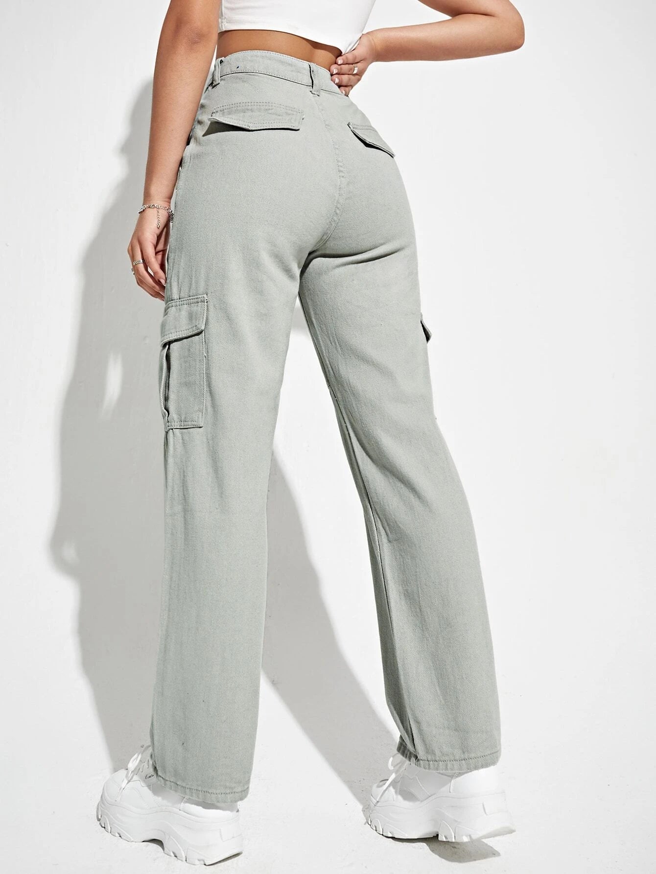 Flap Pocket High Waist Cargo Jeans in Beige – lifestyle view 15