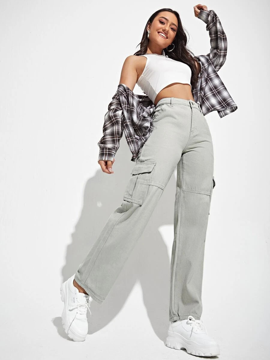 High Denim Waist Flap Pockets Cargo Jeans – lifestyle view 33