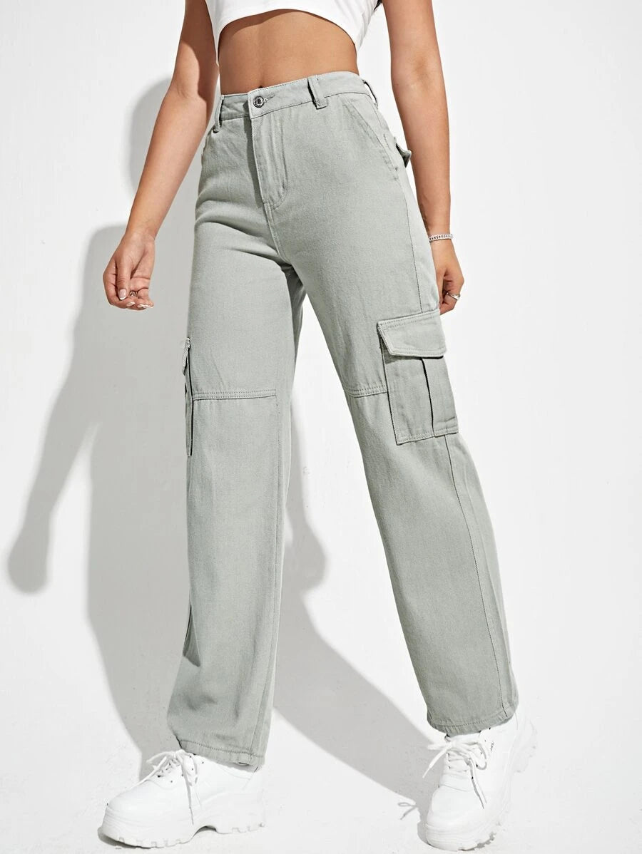 High Denim Waist Flap Pockets Cargo Jeans – lifestyle view 29