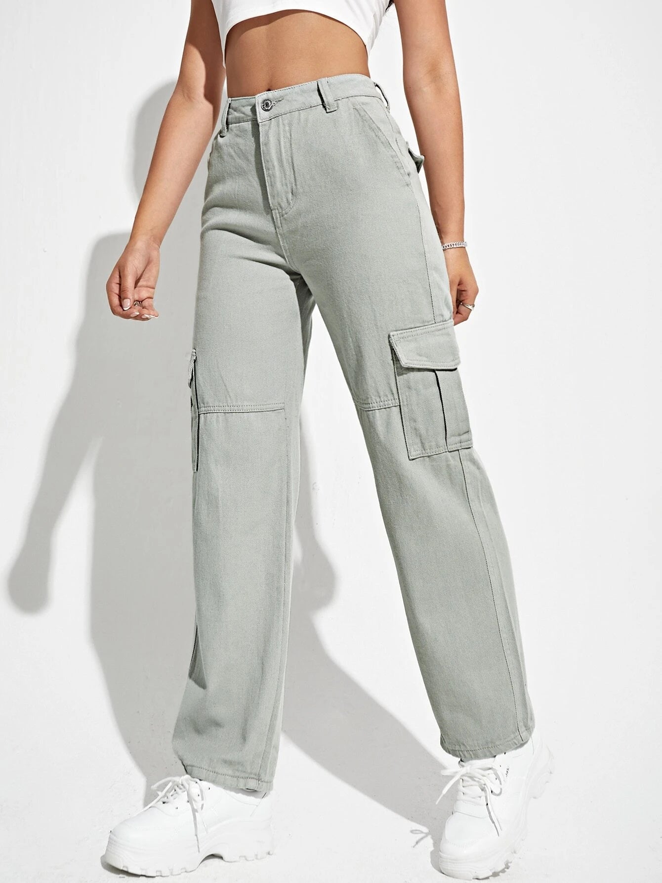 Flap Pocket High Waist Cargo Jeans in Beige – lifestyle view 17