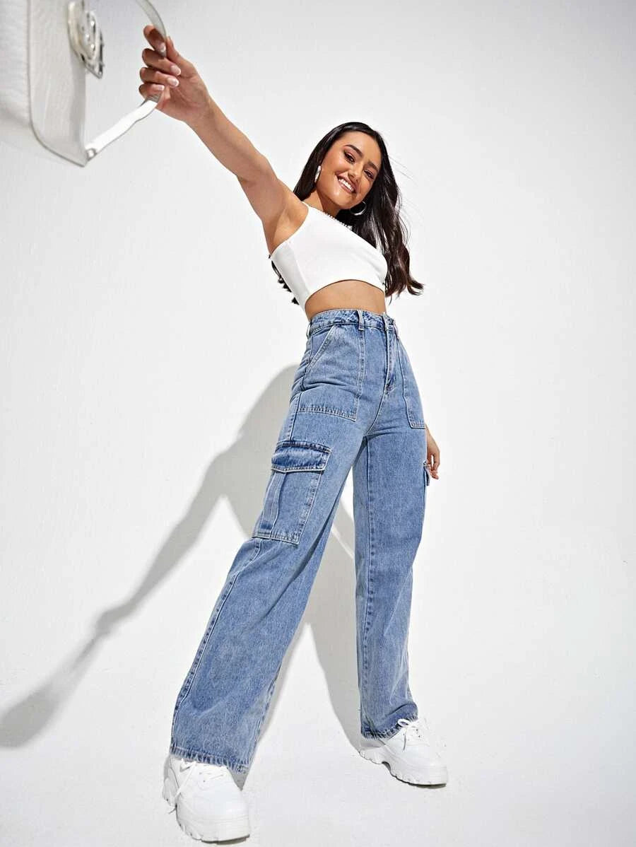 High Waisted Flap Side Pocket Cargo Jeans – side profile view