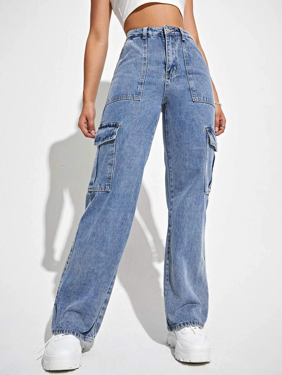 High Waisted Flap Side Pocket Cargo Jeans – pocket detail close-up