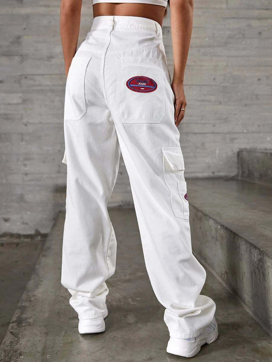 Denim High Waist Flap Pocket Wide Leg Jeans