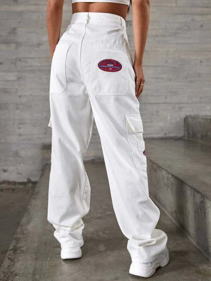 Denim High Waist Flap Pocket Wide Leg Jeans